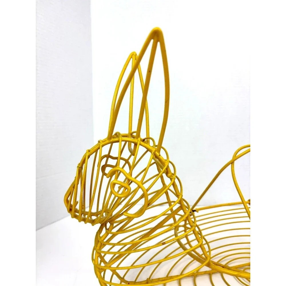 Vintage Yellow Wire Bunny Rabbit Egg Basket Decor with Handle
